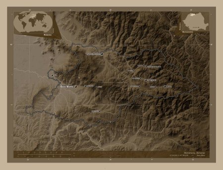 Foto de Maramures, county of Romania. Elevation map colored in sepia tones with lakes and rivers. Locations and names of major cities of the region. Corner auxiliary location maps - Imagen libre de derechos