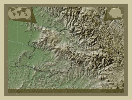 Téléchargez les photos : Maramures, county of Romania. Elevation map colored in wiki style with lakes and rivers. Locations of major cities of the region. Corner auxiliary location maps - en image libre de droit