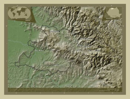 Foto de Maramures, county of Romania. Elevation map colored in wiki style with lakes and rivers. Locations and names of major cities of the region. Corner auxiliary location maps - Imagen libre de derechos