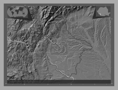 Téléchargez les photos : Mehedinti, county of Romania. Bilevel elevation map with lakes and rivers. Locations of major cities of the region. Corner auxiliary location maps - en image libre de droit