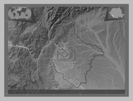 Téléchargez les photos : Mehedinti, county of Romania. Grayscale elevation map with lakes and rivers. Locations of major cities of the region. Corner auxiliary location maps - en image libre de droit