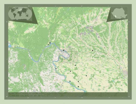 Téléchargez les photos : Mehedinti, county of Romania. Open Street Map. Locations of major cities of the region. Corner auxiliary location maps - en image libre de droit