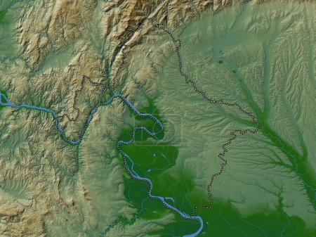 Téléchargez les photos : Mehedinti, county of Romania. Colored elevation map with lakes and rivers - en image libre de droit