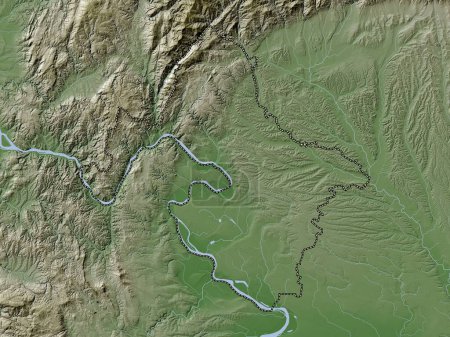Téléchargez les photos : Mehedinti, county of Romania. Elevation map colored in wiki style with lakes and rivers - en image libre de droit