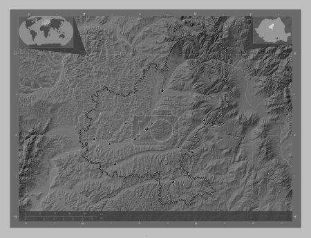Photo for Mures, county of Romania. Grayscale elevation map with lakes and rivers. Locations of major cities of the region. Corner auxiliary location maps - Royalty Free Image