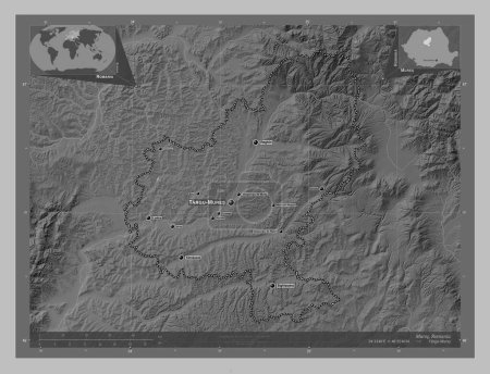 Photo for Mures, county of Romania. Grayscale elevation map with lakes and rivers. Locations and names of major cities of the region. Corner auxiliary location maps - Royalty Free Image