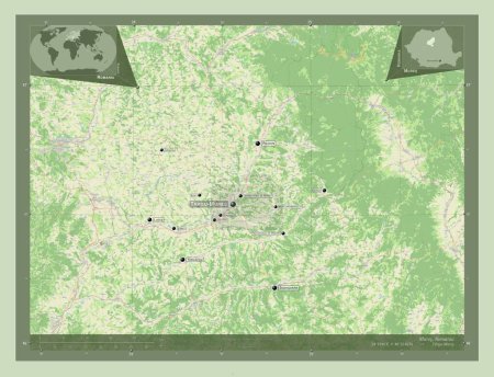 Foto de Mures, county of Romania. Open Street Map. Locations and names of major cities of the region. Corner auxiliary location maps - Imagen libre de derechos