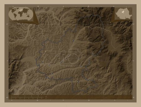 Photo for Mures, county of Romania. Elevation map colored in sepia tones with lakes and rivers. Locations of major cities of the region. Corner auxiliary location maps - Royalty Free Image