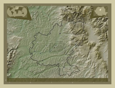 Photo for Mures, county of Romania. Elevation map colored in wiki style with lakes and rivers. Locations of major cities of the region. Corner auxiliary location maps - Royalty Free Image