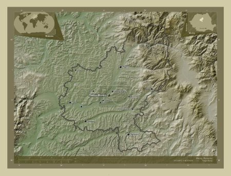 Photo for Mures, county of Romania. Elevation map colored in wiki style with lakes and rivers. Locations and names of major cities of the region. Corner auxiliary location maps - Royalty Free Image