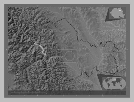 Photo for Neamt, county of Romania. Grayscale elevation map with lakes and rivers. Corner auxiliary location maps - Royalty Free Image