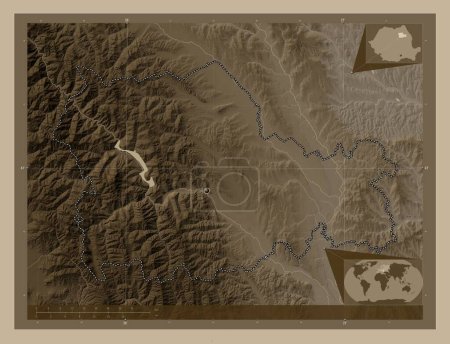 Photo for Neamt, county of Romania. Elevation map colored in sepia tones with lakes and rivers. Corner auxiliary location maps - Royalty Free Image
