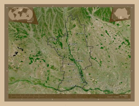 Foto de Olt, county of Romania. Low resolution satellite map. Locations and names of major cities of the region. Corner auxiliary location maps - Imagen libre de derechos