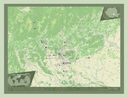 Téléchargez les photos : Prahova, county of Romania. Open Street Map. Locations and names of major cities of the region. Corner auxiliary location maps - en image libre de droit