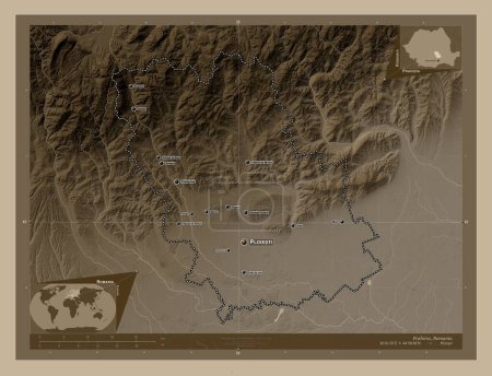 Foto de Prahova, county of Romania. Elevation map colored in sepia tones with lakes and rivers. Locations and names of major cities of the region. Corner auxiliary location maps - Imagen libre de derechos