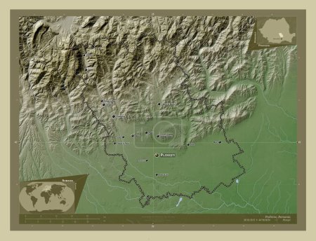 Foto de Prahova, county of Romania. Elevation map colored in wiki style with lakes and rivers. Locations and names of major cities of the region. Corner auxiliary location maps - Imagen libre de derechos