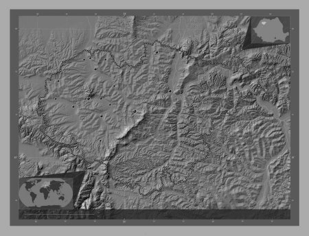 Téléchargez les photos : Salaj, county of Romania. Bilevel elevation map with lakes and rivers. Locations of major cities of the region. Corner auxiliary location maps - en image libre de droit