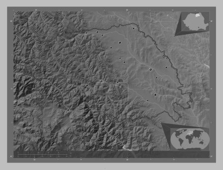 Photo for Suceava, county of Romania. Grayscale elevation map with lakes and rivers. Locations of major cities of the region. Corner auxiliary location maps - Royalty Free Image