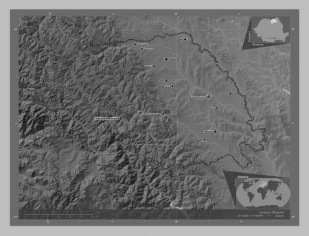 Photo for Suceava, county of Romania. Grayscale elevation map with lakes and rivers. Locations and names of major cities of the region. Corner auxiliary location maps - Royalty Free Image