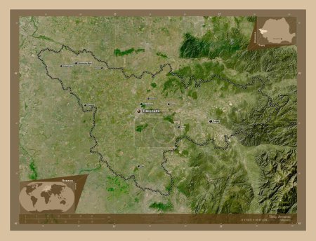 Photo for Timis, county of Romania. Low resolution satellite map. Locations and names of major cities of the region. Corner auxiliary location maps - Royalty Free Image