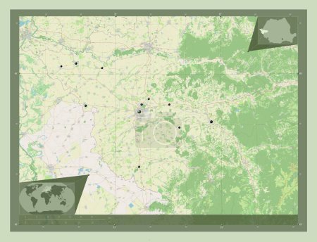Foto de Timis, county of Romania. Open Street Map. Locations of major cities of the region. Corner auxiliary location maps - Imagen libre de derechos