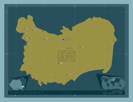 Téléchargez les photos : Tulcea, county of Romania. Solid color shape. Locations and names of major cities of the region. Corner auxiliary location maps - en image libre de droit