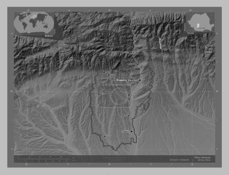 Téléchargez les photos : Valcea, county of Romania. Grayscale elevation map with lakes and rivers. Locations and names of major cities of the region. Corner auxiliary location maps - en image libre de droit