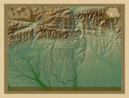 Téléchargez les photos : Valcea, county of Romania. Colored elevation map with lakes and rivers. Locations of major cities of the region. Corner auxiliary location maps - en image libre de droit