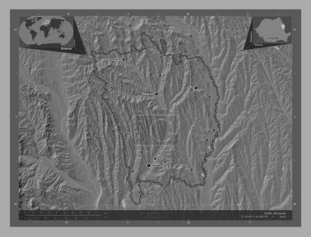 Téléchargez les photos : Vaslui, county of Romania. Bilevel elevation map with lakes and rivers. Locations and names of major cities of the region. Corner auxiliary location maps - en image libre de droit