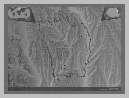 Téléchargez les photos : Vaslui, county of Romania. Grayscale elevation map with lakes and rivers. Locations and names of major cities of the region. Corner auxiliary location maps - en image libre de droit