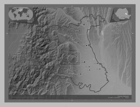 Téléchargez les photos : Vrancea, county of Romania. Grayscale elevation map with lakes and rivers. Locations and names of major cities of the region. Corner auxiliary location maps - en image libre de droit
