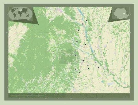 Téléchargez les photos : Vrancea, county of Romania. Open Street Map. Locations of major cities of the region. Corner auxiliary location maps - en image libre de droit