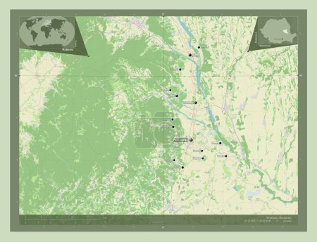Téléchargez les photos : Vrancea, county of Romania. Open Street Map. Locations and names of major cities of the region. Corner auxiliary location maps - en image libre de droit