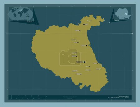Téléchargez les photos : Vrancea, county of Romania. Solid color shape. Locations and names of major cities of the region. Corner auxiliary location maps - en image libre de droit