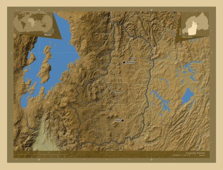 Photo for Amajyepfo, province of Rwanda. Colored elevation map with lakes and rivers. Locations and names of major cities of the region. Corner auxiliary location maps - Royalty Free Image