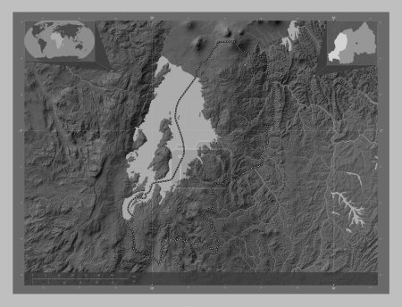 Téléchargez les photos : Iburengerazuba, province of Rwanda. Grayscale elevation map with lakes and rivers. Corner auxiliary location maps - en image libre de droit