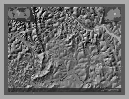 Téléchargez les photos : Umujyi wa Kigali, province of Rwanda. Bilevel elevation map with lakes and rivers. Locations and names of major cities of the region. Corner auxiliary location maps - en image libre de droit