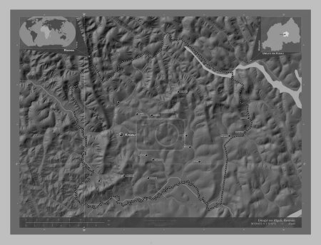 Téléchargez les photos : Umujyi wa Kigali, province of Rwanda. Grayscale elevation map with lakes and rivers. Locations and names of major cities of the region. Corner auxiliary location maps - en image libre de droit
