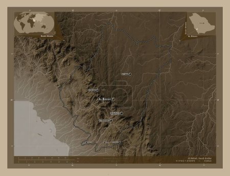 Photo for Al Bahah, region of Saudi Arabia. Elevation map colored in sepia tones with lakes and rivers. Locations and names of major cities of the region. Corner auxiliary location maps - Royalty Free Image