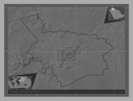 Téléchargez les photos : Al Jawf, region of Saudi Arabia. Bilevel elevation map with lakes and rivers. Locations of major cities of the region. Corner auxiliary location maps - en image libre de droit