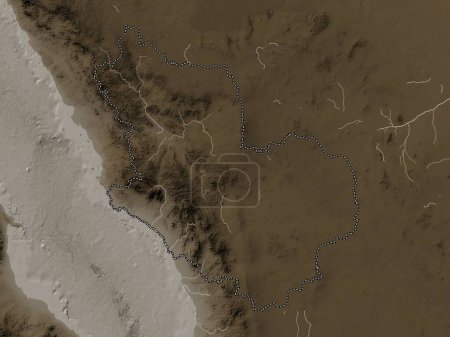 Téléchargez les photos : Al Madinah al Munawwarah, région d'Arabie Saoudite. Carte d'altitude colorée dans des tons sépia avec des lacs et des rivières - en image libre de droit