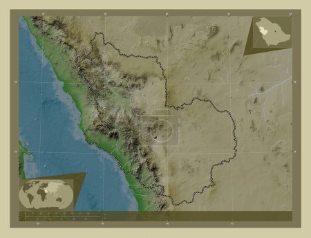 Téléchargez les photos : Al Madinah al Munawwarah, région d'Arabie Saoudite. Carte d'altitude colorée dans le style wiki avec des lacs et des rivières. Corner cartes de localisation auxiliaires - en image libre de droit