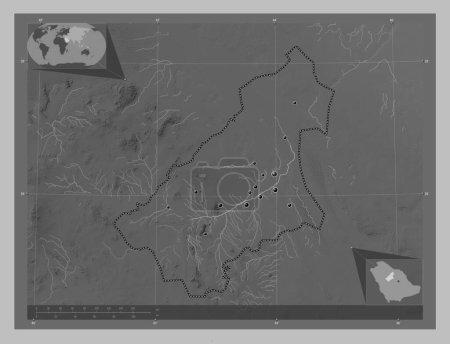 Photo for Al Qasim, region of Saudi Arabia. Grayscale elevation map with lakes and rivers. Locations of major cities of the region. Corner auxiliary location maps - Royalty Free Image