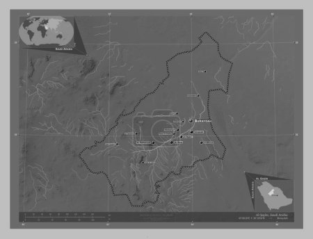 Photo for Al Qasim, region of Saudi Arabia. Grayscale elevation map with lakes and rivers. Locations and names of major cities of the region. Corner auxiliary location maps - Royalty Free Image
