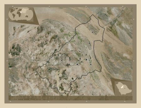 Foto de Al Qasim, región de Arabia Saudita. Mapa satelital de alta resolución. Ubicaciones de las principales ciudades de la región. Mapas de ubicación auxiliares de esquina - Imagen libre de derechos