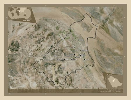 Foto de Al Qasim, región de Arabia Saudita. Mapa satelital de alta resolución. Ubicaciones y nombres de las principales ciudades de la región. Mapas de ubicación auxiliares de esquina - Imagen libre de derechos