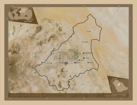 Foto de Al Qasim, región de Arabia Saudita. Mapa satelital de baja resolución. Ubicaciones y nombres de las principales ciudades de la región. Mapas de ubicación auxiliares de esquina - Imagen libre de derechos