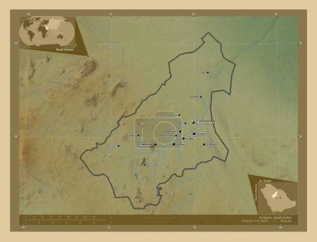 Foto de Al Qasim, región de Arabia Saudita. Mapa de elevación de colores con lagos y ríos. Ubicaciones y nombres de las principales ciudades de la región. Mapas de ubicación auxiliares de esquina - Imagen libre de derechos