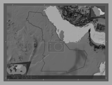 Photo pour Ash Sharqiyah, region of Saudi Arabia. Bilevel elevation map with lakes and rivers. Locations of major cities of the region. Corner auxiliary location maps - image libre de droit