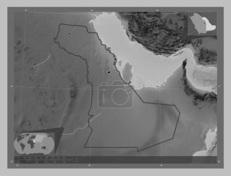 Photo pour Ash Sharqiyah, region of Saudi Arabia. Grayscale elevation map with lakes and rivers. Locations of major cities of the region. Corner auxiliary location maps - image libre de droit